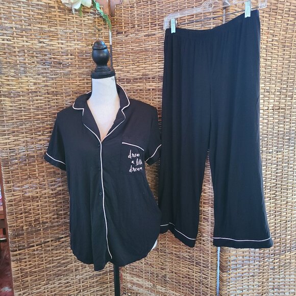 Kate Spade 2 Piece Pajama Set SZ Small Button Front Top Capri Pant Black & Pink - Picture 1 of 7
